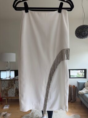 NBD White Pencil Skirt with Silver Fringe Accent